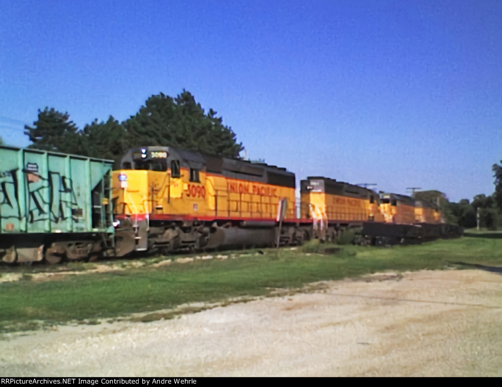 UP 3090 trails on a ballast train from Rock Springs